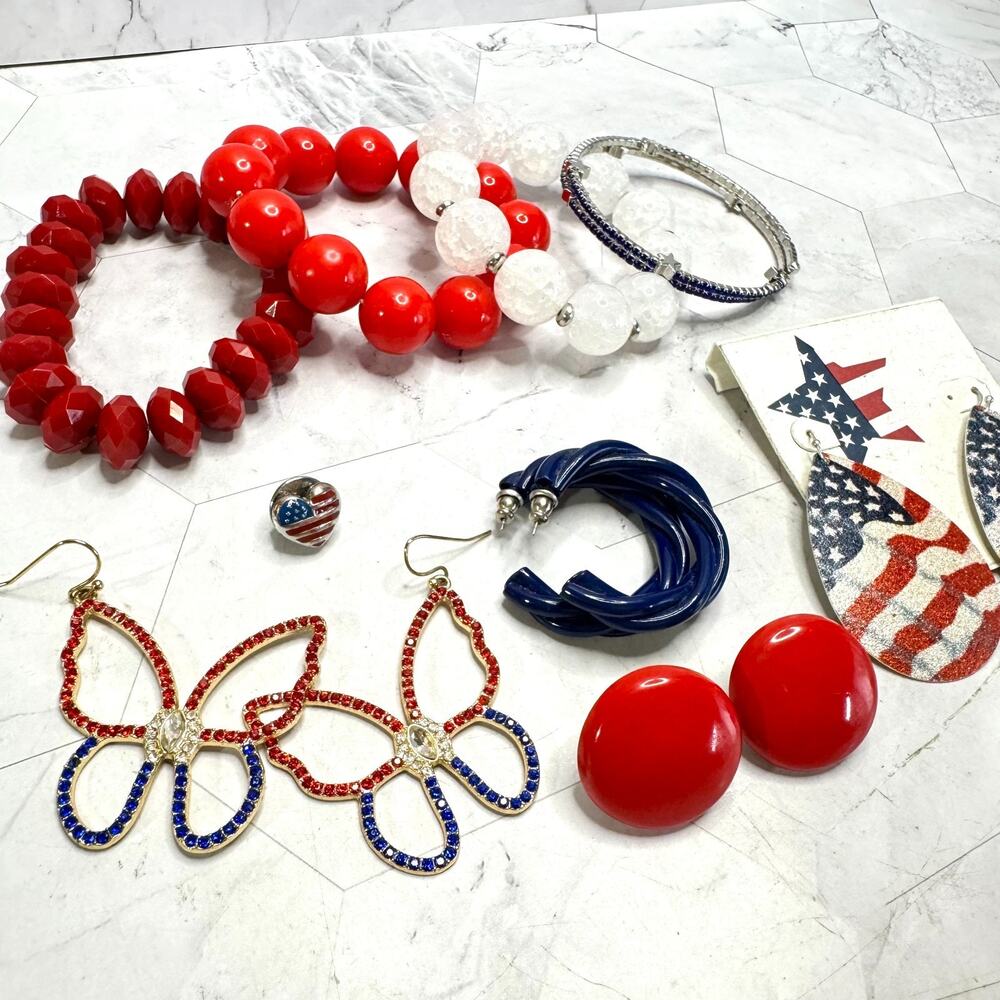Patriotic Jewelry Lot 13 Pc Red White Blue USA Earrings Bracelets Vintage to Now